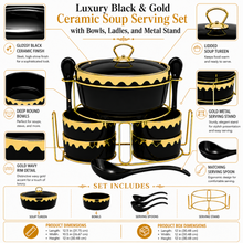 Luxury Black & Gold Ceramic Soup Serving Set with Bowls, Ladles and Metal Stand