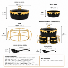 Luxury Black & Gold Ceramic Soup Serving Set with Bowls, Ladles and Metal Stand