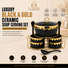 Luxury Black & Gold Ceramic Soup Serving Set with Bowls, Ladles and Metal Stand