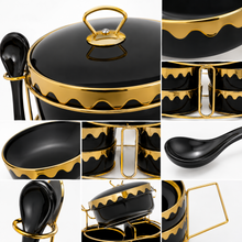 Luxury Black & Gold Ceramic Soup Serving Set with Bowls, Ladles and Metal Stand