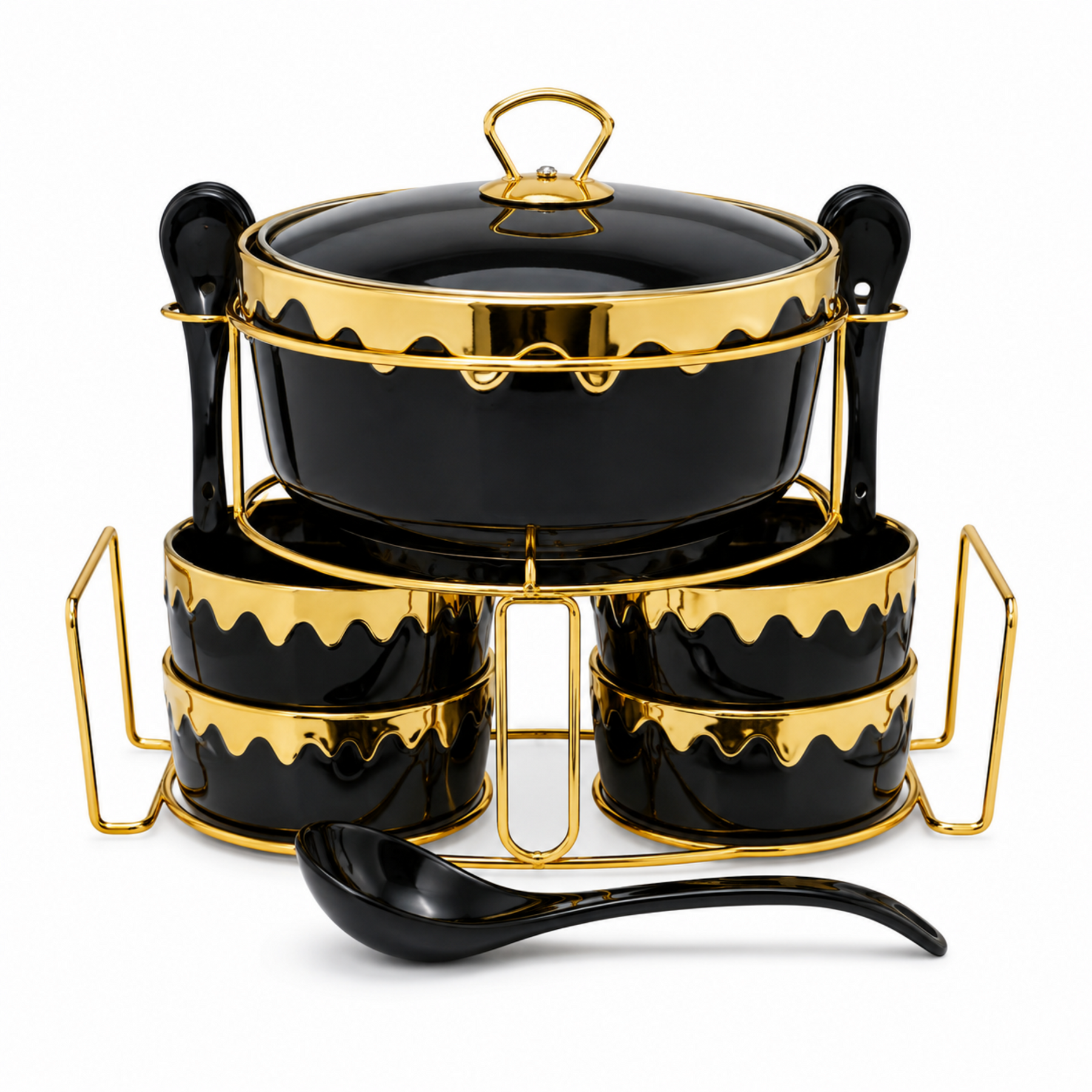 Luxury Black & Gold Ceramic Soup Serving Set with Bowls, Ladles and Metal Stand