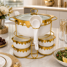 Luxury White & Gold Ceramic Soup Serving Set with Bowls, Ladles and Metal Stand