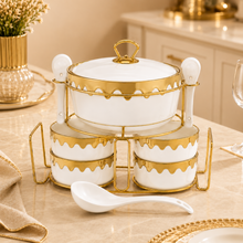Luxury White & Gold Ceramic Soup Serving Set with Bowls, Ladles and Metal Stand