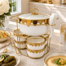 Luxury White & Gold Ceramic Soup Serving Set with Bowls, Ladles and Metal Stand