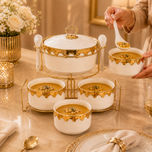 Luxury White & Gold Ceramic Soup Serving Set with Bowls, Ladles and Metal Stand