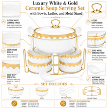 Luxury White & Gold Ceramic Soup Serving Set with Bowls, Ladles and Metal Stand
