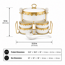 Luxury White & Gold Ceramic Soup Serving Set with Bowls, Ladles and Metal Stand