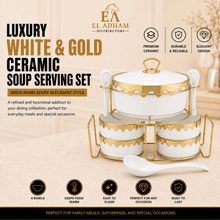 Luxury White & Gold Ceramic Soup Serving Set with Bowls, Ladles and Metal Stand
