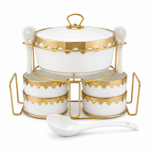 Luxury White & Gold Ceramic Soup Serving Set with Bowls, Ladles and Metal Stand