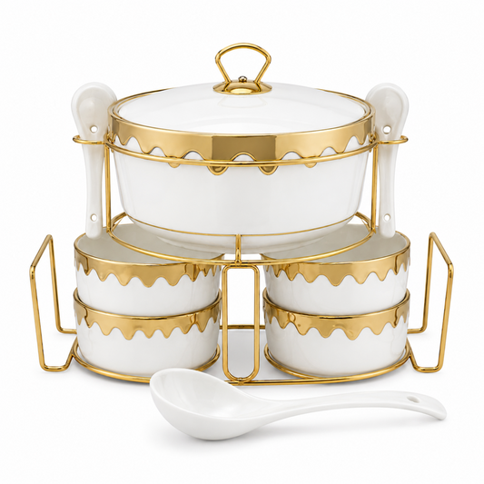 Luxury White & Gold Ceramic Soup Serving Set with Bowls, Ladles and Metal Stand