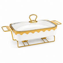 Luxury White & Gold Ceramic Chafing Dish with Glass Lid & Warming Stand - 10" Buffet Server Set