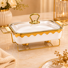 Luxury White & Gold Ceramic Chafing Dish with Glass Lid & Warming Stand - 10" Buffet Server Set