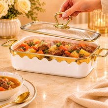 Luxury White & Gold Ceramic Chafing Dish with Glass Lid & Warming Stand - 10" Buffet Server Set