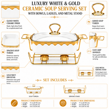 Luxury White & Gold Ceramic Chafing Dish with Glass Lid & Warming Stand - 10" Buffet Server Set
