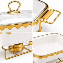 Luxury White & Gold 10-Inch Ceramic Chafing Dish with Glass Lid and Warming Stand