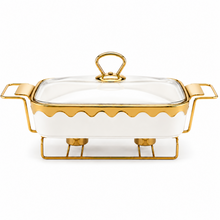 Luxury White & Gold Ceramic Chafing Dish with Glass Lid & Warming Stand - 10" Buffet Server Set
