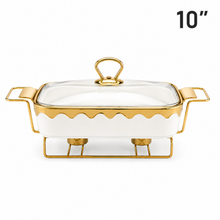 Luxury White & Gold Ceramic Chafing Dish with Glass Lid & Warming Stand - 10" Buffet Server Set