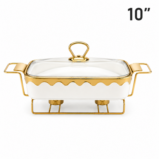 Luxury White & Gold Ceramic Chafing Dish with Glass Lid & Warming Stand - 10" Buffet Server Set