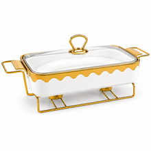 Luxury White & Gold Ceramic Chafing Dish with Glass Lid & Warming Stand - 12" Buffet Server Set