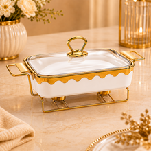 Luxury White & Gold Ceramic Chafing Dish with Glass Lid & Warming Stand - 12" Buffet Server Set