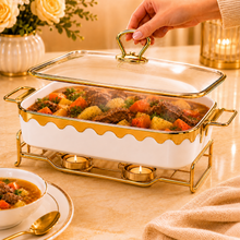 Luxury White & Gold Ceramic Chafing Dish with Glass Lid & Warming Stand - 12" Buffet Server Set