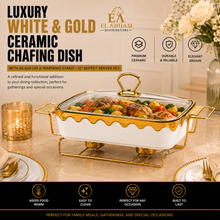 Luxury White & Gold Ceramic Chafing Dish with Glass Lid & Warming Stand - 12" Buffet Server Set