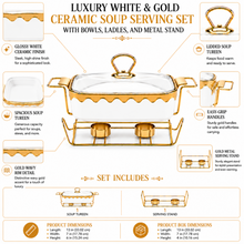 Luxury White & Gold Ceramic Chafing Dish with Glass Lid & Warming Stand - 12" Buffet Server Set