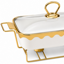 Luxury White & Gold Ceramic Chafing Dish with Glass Lid & Warming Stand - 12" Buffet Server Set