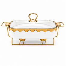 Luxury White & Gold Ceramic Chafing Dish with Glass Lid & Warming Stand - 12" Buffet Server Set