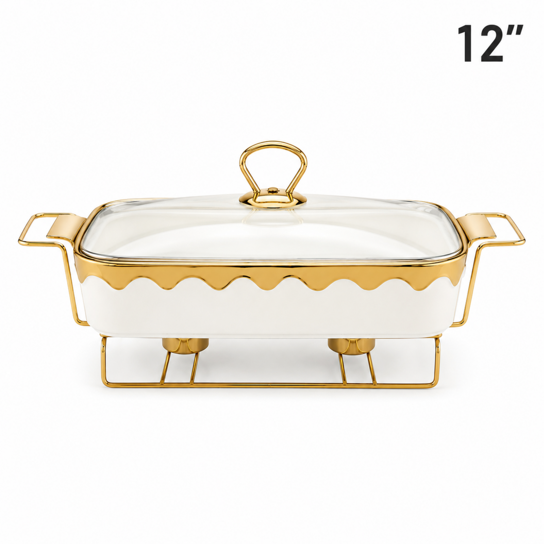 Luxury White & Gold Ceramic Chafing Dish with Glass Lid & Warming Stand - 12" Buffet Server Set