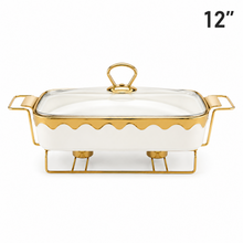 Luxury White & Gold Ceramic Chafing Dish with Glass Lid & Warming Stand - 12" Buffet Server Set