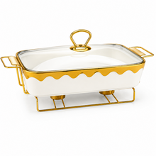 Luxury White & Gold Ceramic Chafing Dish with Glass Lid & Warming Stand - 14" Buffet Server Set