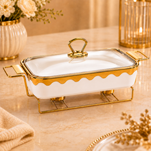 Luxury White & Gold Ceramic Chafing Dish with Glass Lid & Warming Stand - 14" Buffet Server Set