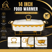 Luxury White & Gold Ceramic Chafing Dish with Glass Lid & Warming Stand - 14" Buffet Server Set