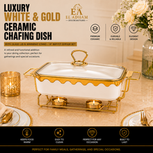 Luxury White & Gold Ceramic Chafing Dish with Glass Lid & Warming Stand - 14" Buffet Server Set