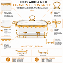 Luxury White & Gold Ceramic Chafing Dish with Glass Lid & Warming Stand - 14" Buffet Server Set