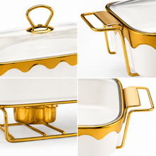 Luxury White & Gold Ceramic Chafing Dish with Glass Lid & Warming Stand - 14" Buffet Server Set