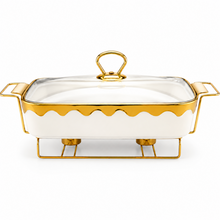Luxury White & Gold Ceramic Chafing Dish with Glass Lid & Warming Stand - 14" Buffet Server Set