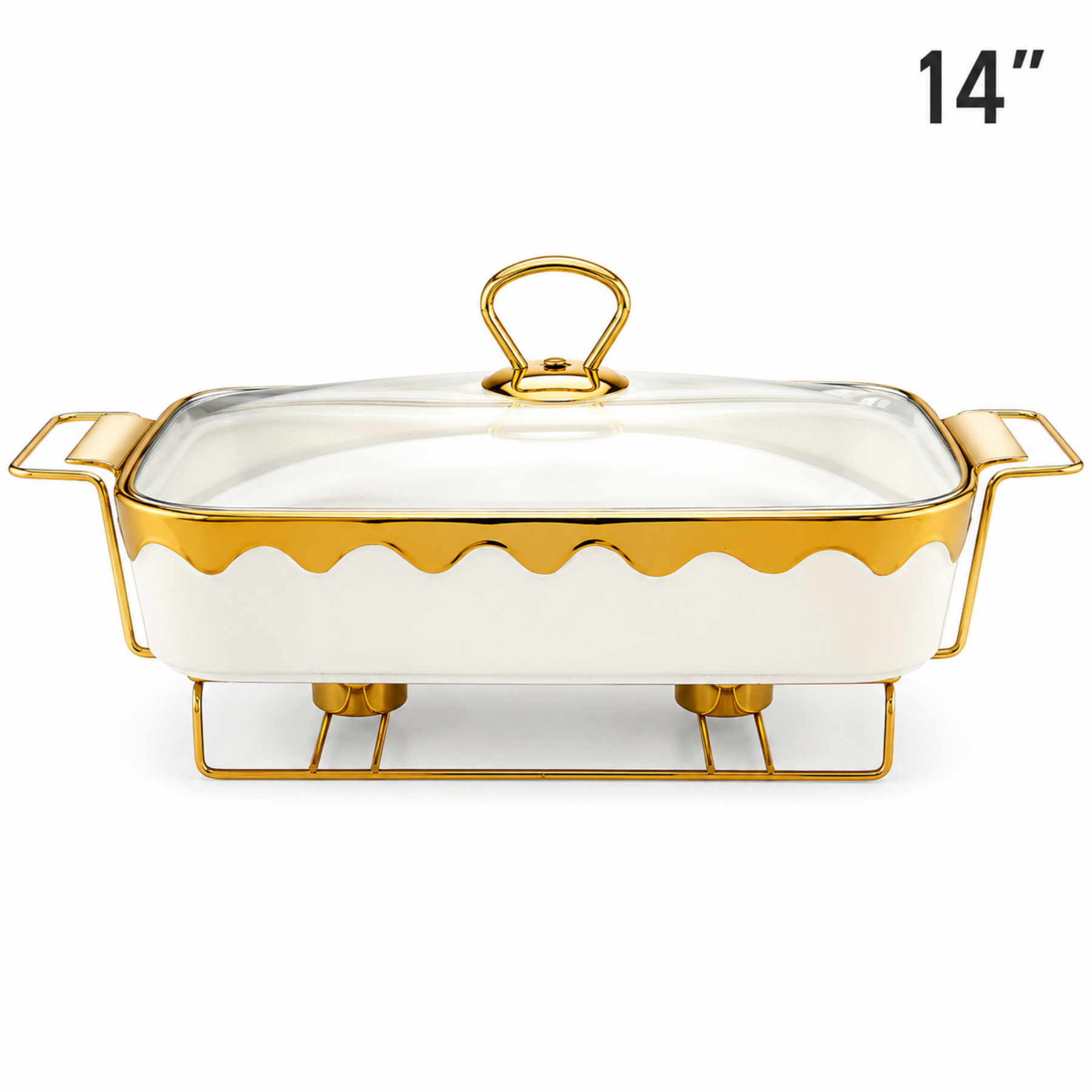 Luxury White & Gold Ceramic Chafing Dish with Glass Lid & Warming Stand - 14" Buffet Server Set