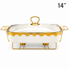 Luxury White & Gold Ceramic Chafing Dish with Glass Lid & Warming Stand - 14" Buffet Server Set
