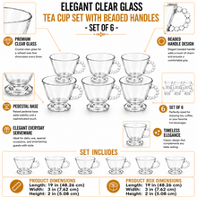 Elegant Clear Glass Tea Cup Set with Beaded Handles - Set of 6
