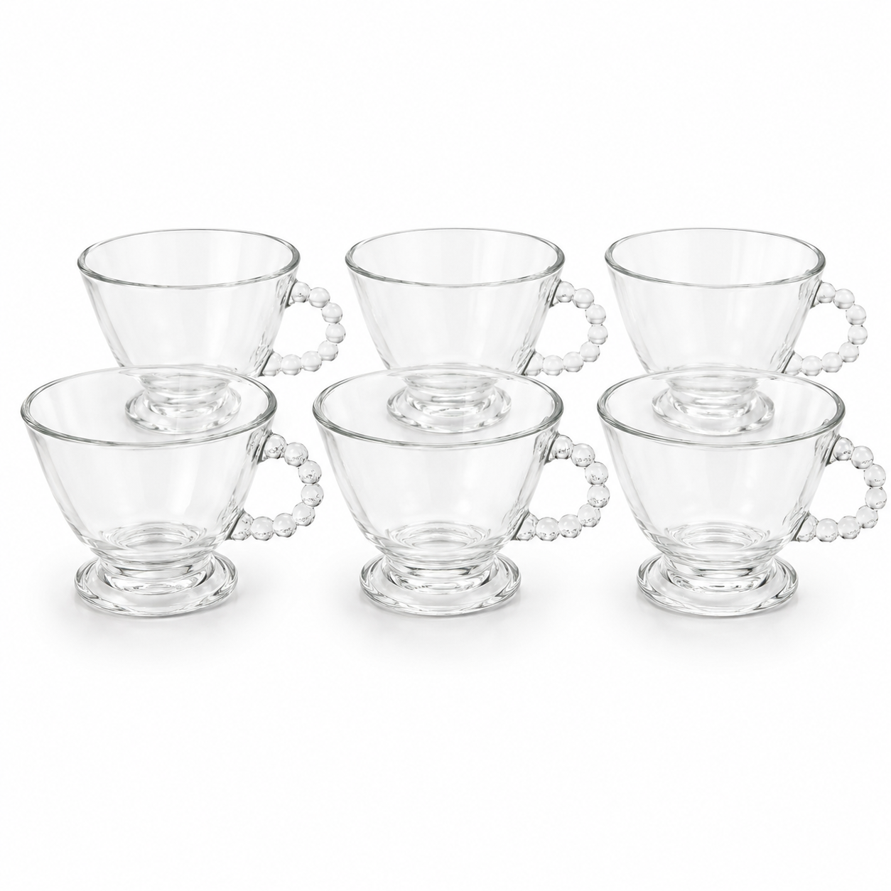 Elegant Clear Glass Tea Cup Set with Beaded Handles - Set of 6