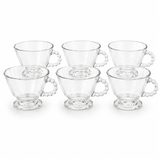 Elegant Clear Glass Tea Cup Set with Beaded Handles - Set of 6