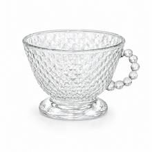 Clear Diamond-Cut Glass Tea Cup Set with Beaded Handles - Set of 6