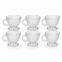 Clear Diamond-Cut Glass Tea Cup Set with Beaded Handles - Set of 6
