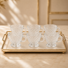 Clear Diamond-Cut Glass Tea Cup Set with Beaded Handles - Set of 6