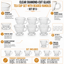Clear Diamond-Cut Glass Tea Cup Set with Beaded Handles - Set of 6