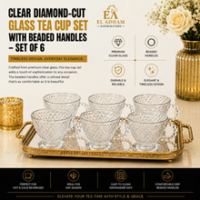 Clear Diamond-Cut Glass Tea Cup Set with Beaded Handles - Set of 6