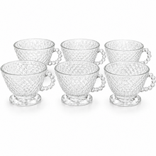 Clear Diamond-Cut Glass Tea Cup Set with Beaded Handles - Set of 6