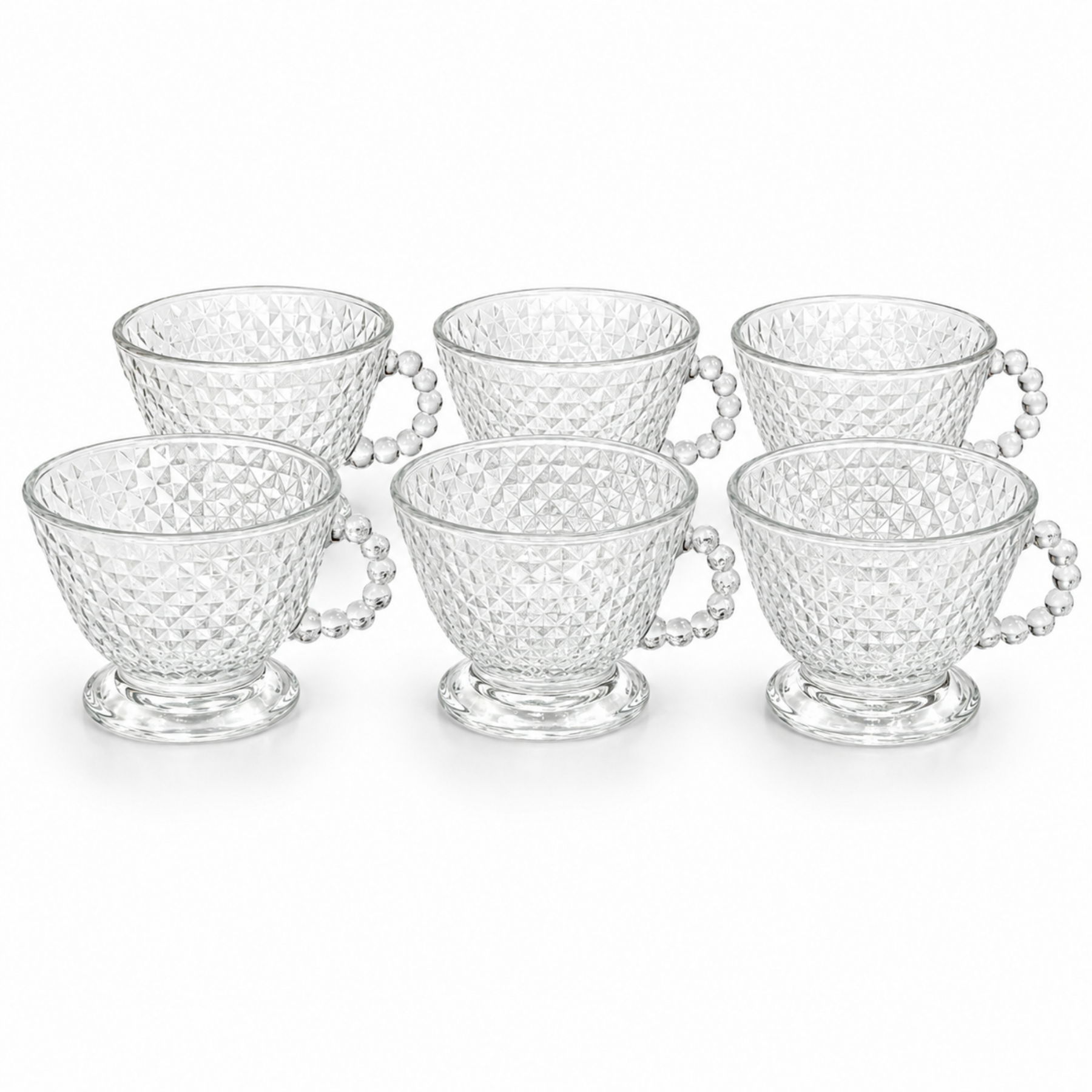 Clear Diamond-Cut Glass Tea Cup Set with Beaded Handles - Set of 6